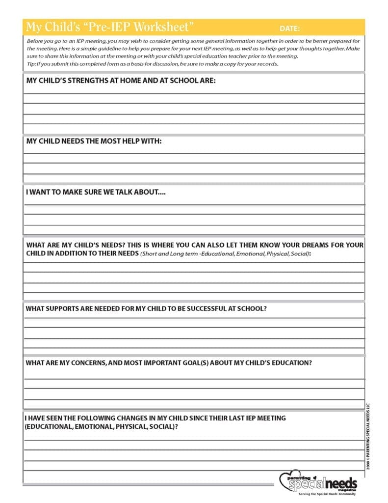 My Child’s Pre-IEP Worksheet - Parenting Special Needs Magazine